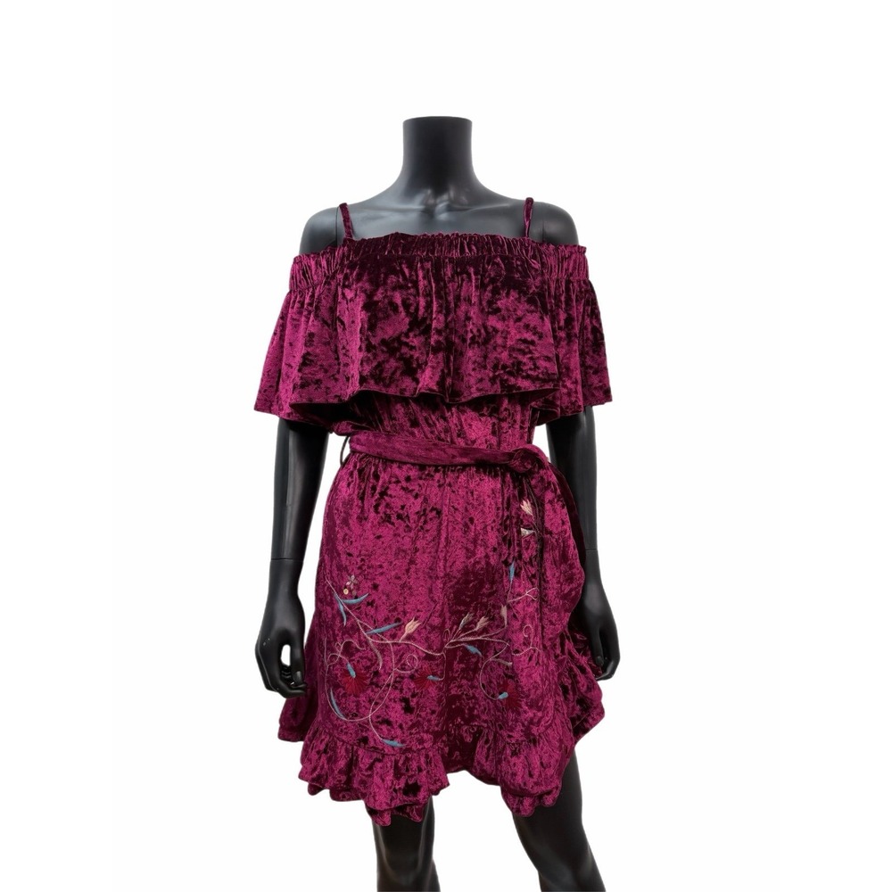 Michael Michael Kors Velvet Off Shoulder Embroidered Dress Wine L NWT